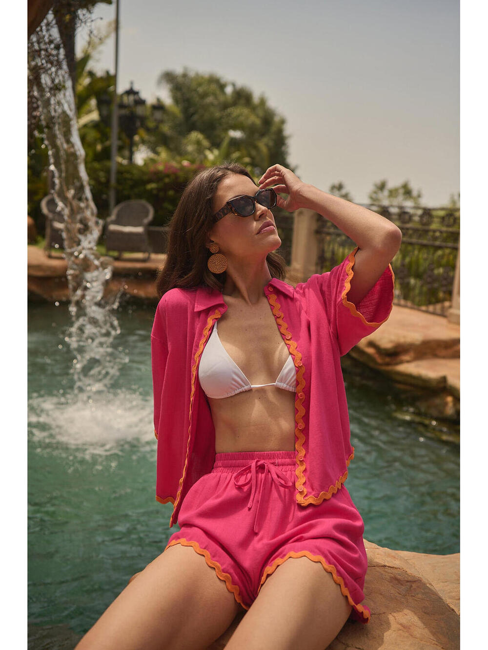 Sugarlips Hot Pink Button Down Shirt with Orange Trim